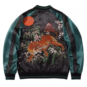 Tiger and Mount Fuji Embroidered Satin Bomber Jacket