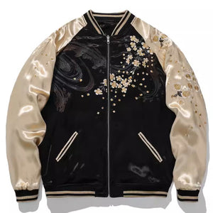 Lion and Cherry Blossom Embroidered Reversible Satin Bomber Jacket