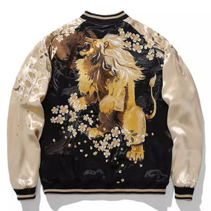 Lion and Cherry Blossom Embroidered Reversible Satin Bomber Jacket